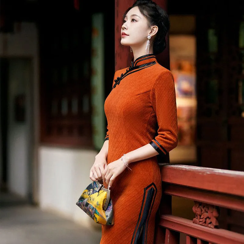 Orange with Black Trim Vintage Geometric Embossed Cheongsam Dress for Women