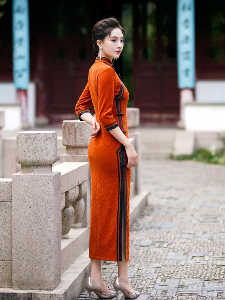 Orange with Black Trim Vintage Geometric Embossed Cheongsam Dress for Women