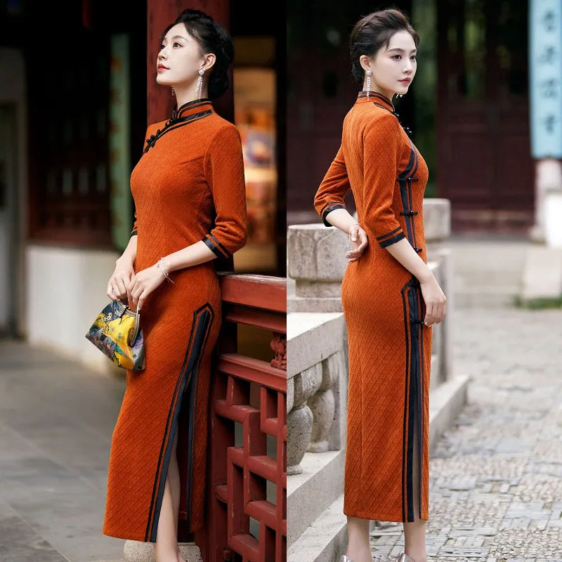 Orange with Black Trim Vintage Geometric Embossed Cheongsam Dress for Women