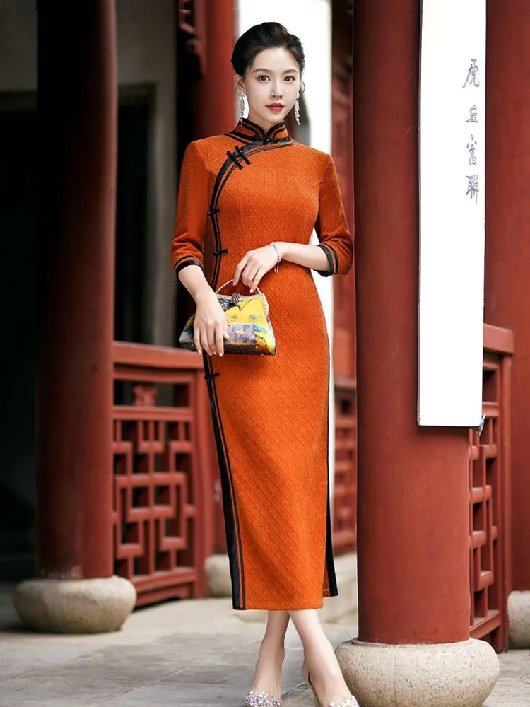 Orange with Black Trim Vintage Geometric Embossed Cheongsam Dress for Women