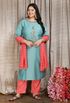 Plus Size Meraki Sea Green Embellished Kurta Set with Dupatta