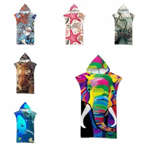 Printed Microfiber Hooded Bath Beach Towel Quick Drying Wetsuit Changing Robe Poncho Surf Towel for Swimming Outdooor Bathrobe