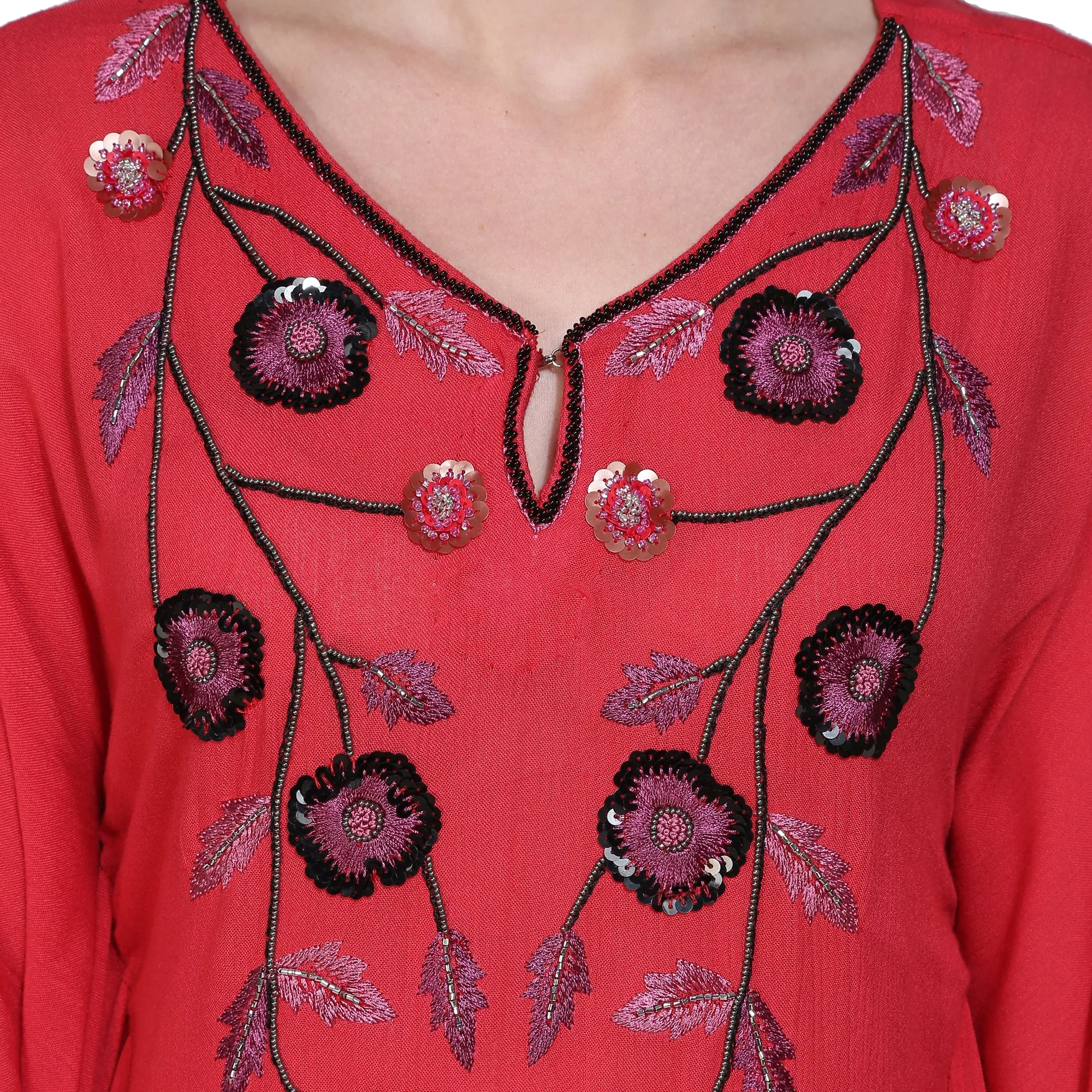 Red Hand Embellished Yoke Kaftan Dress - (Clearance - Final Sale)