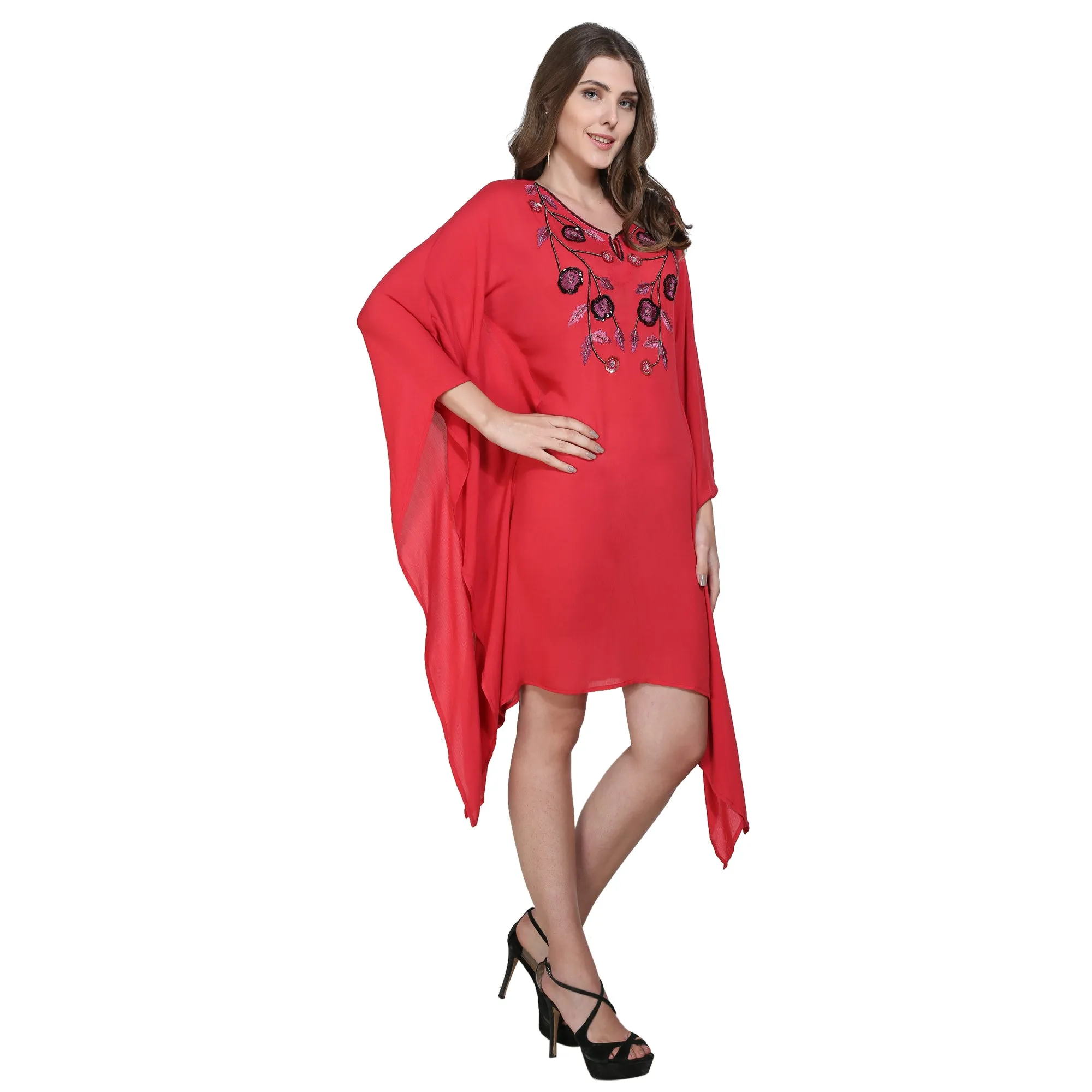 Red Hand Embellished Yoke Kaftan Dress - (Clearance - Final Sale)