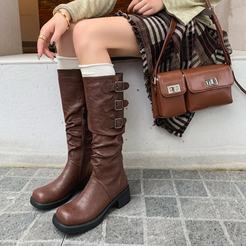 Retro Genuine Leather Round Toe Riding Boots For Women In Black/Coffee/Apricot