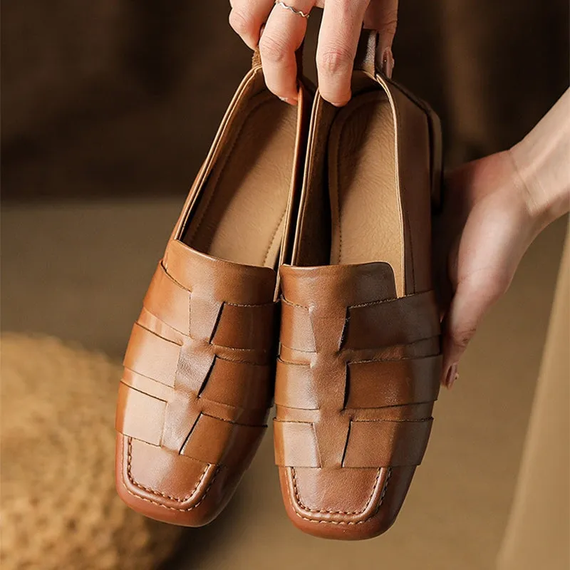 Retro Woven Leather Shoes Soft Bottom Slip On Loafers In Beige/Black/Brown