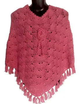 Rose Pink Woolen Handmade Beautiful Design Poncho For Girls/Women