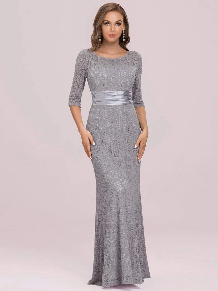 Round Neck Floral Lace Mother of the Bride Dress with 3/4 Sleeve