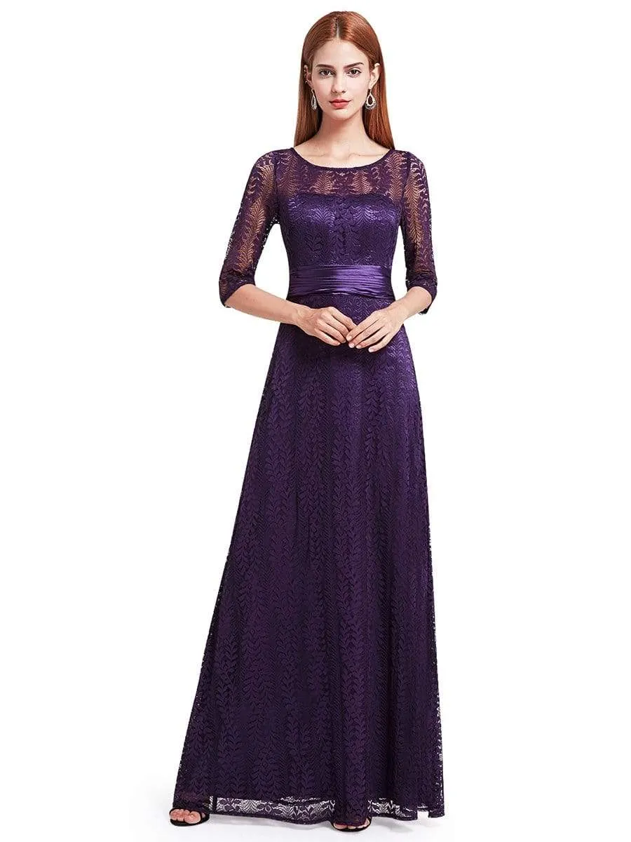 Round Neck Floral Lace Mother of the Bride Dress with 3/4 Sleeve