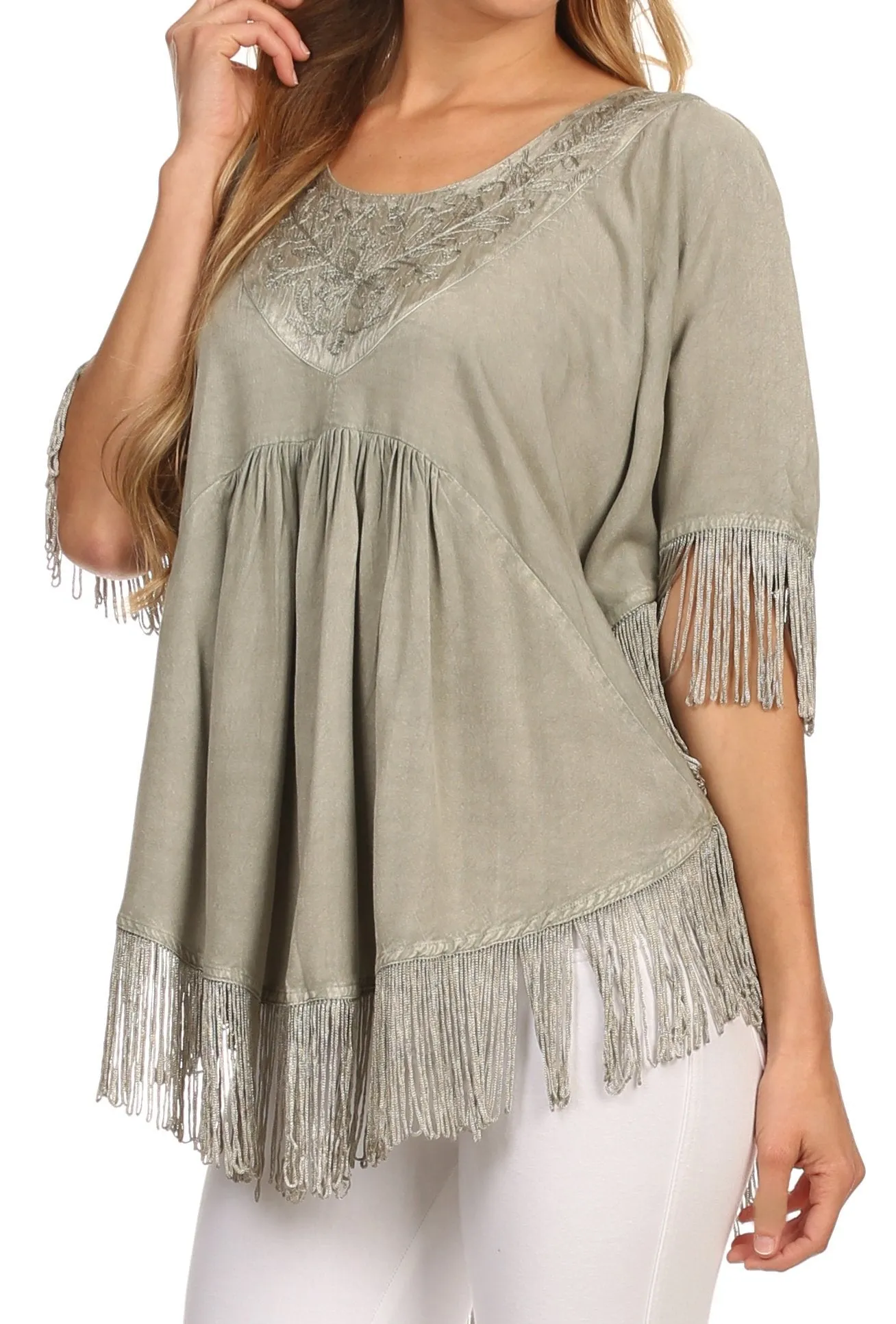 Sakkas Lilly Boho Embroidered Fringe Poncho Top