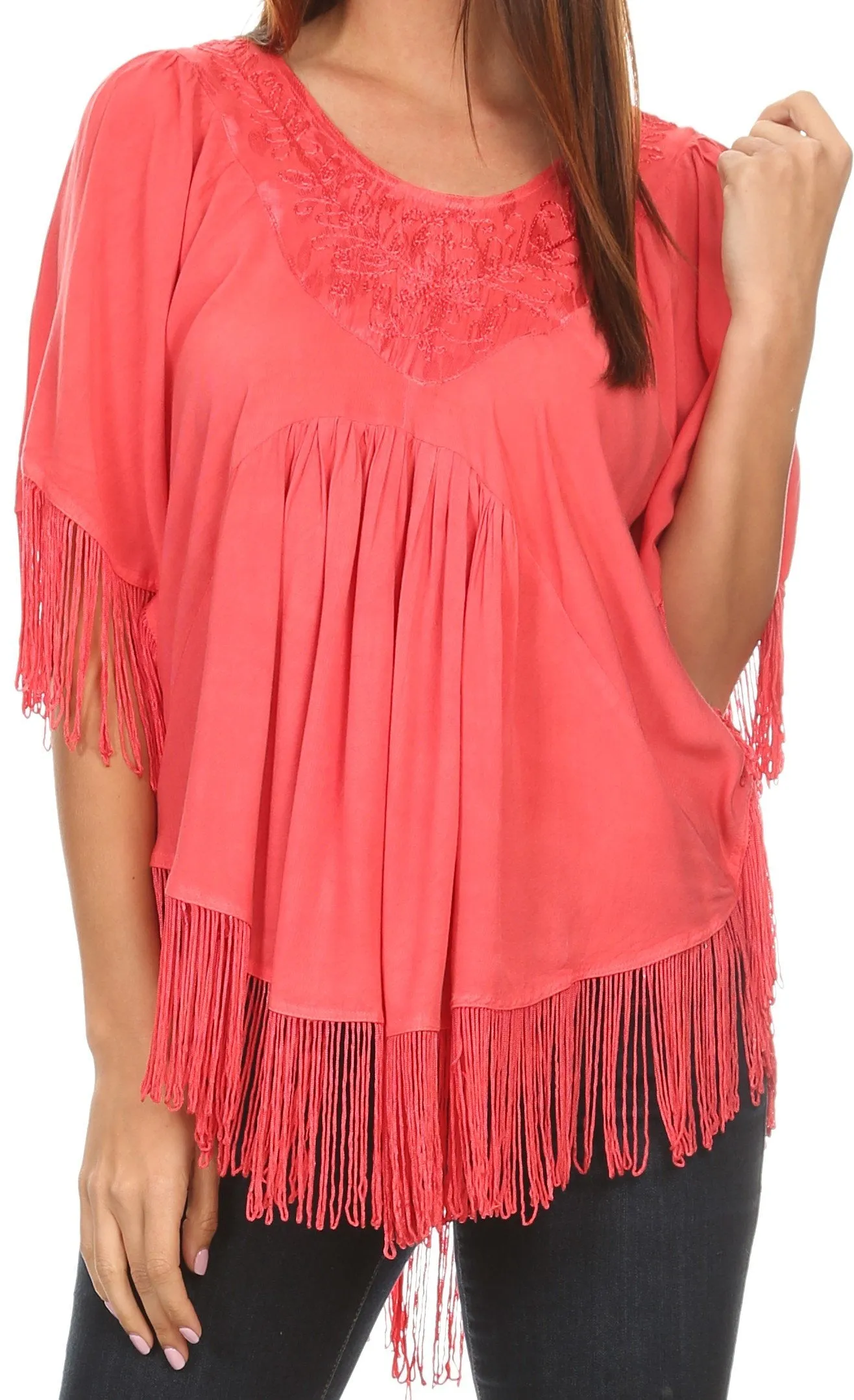 Sakkas Lilly Boho Embroidered Fringe Poncho Top