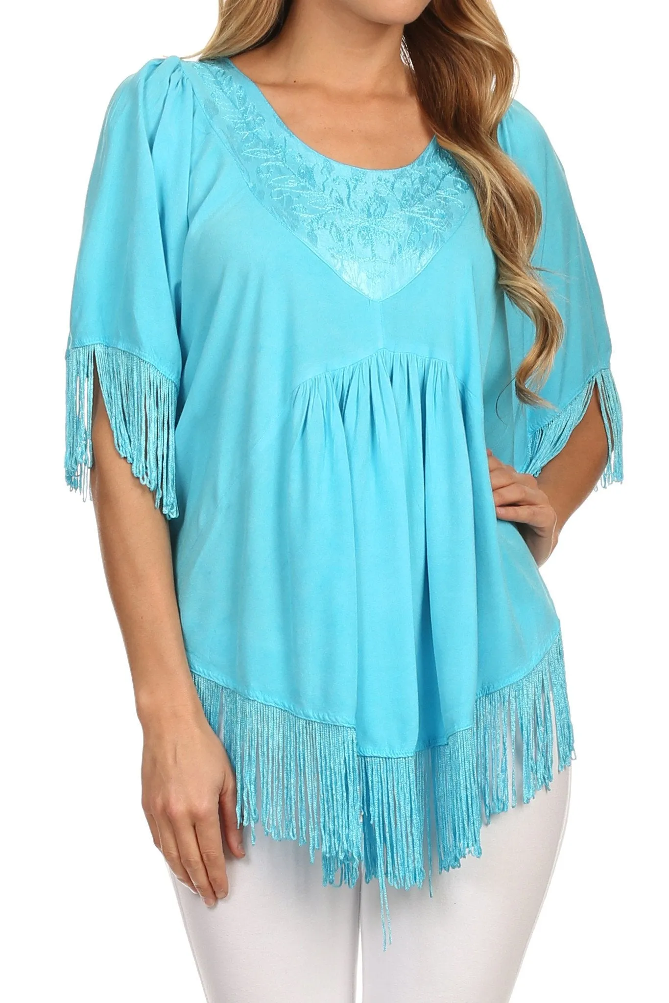 Sakkas Lilly Boho Embroidered Fringe Poncho Top