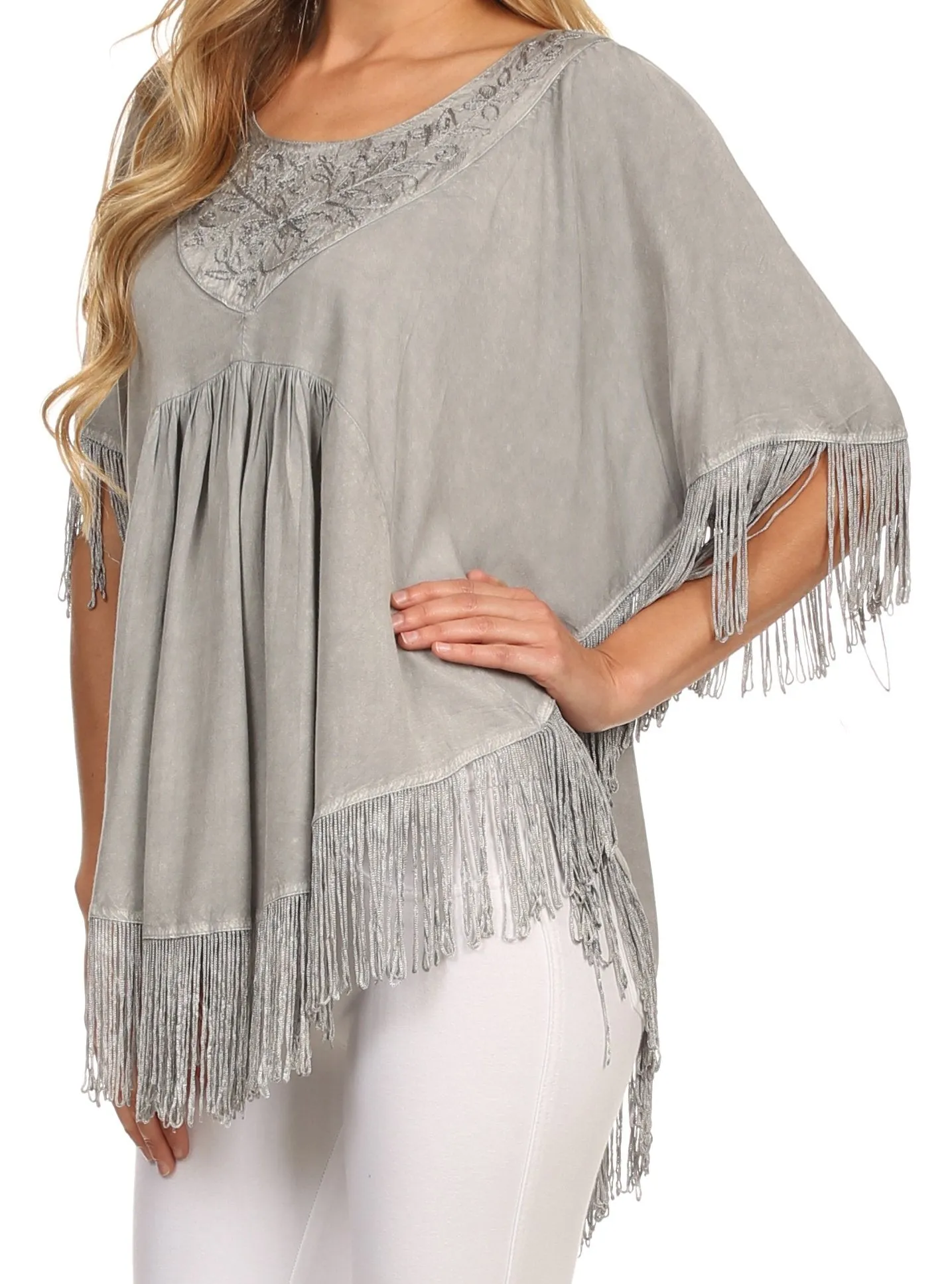 Sakkas Lilly Boho Embroidered Fringe Poncho Top