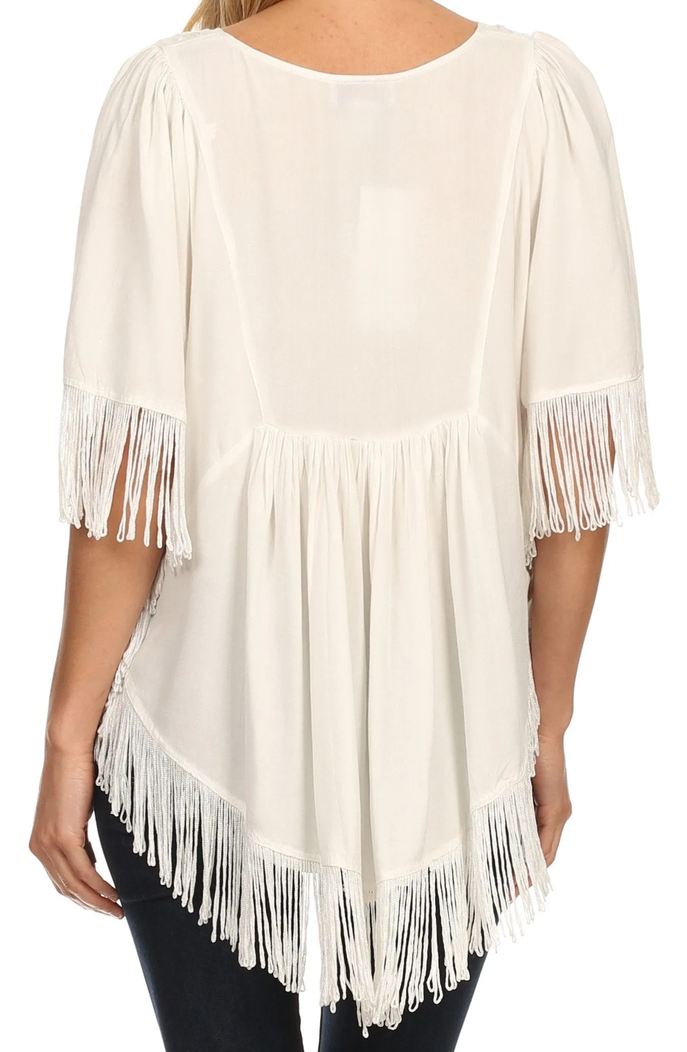 Sakkas Lilly Boho Embroidered Fringe Poncho Top