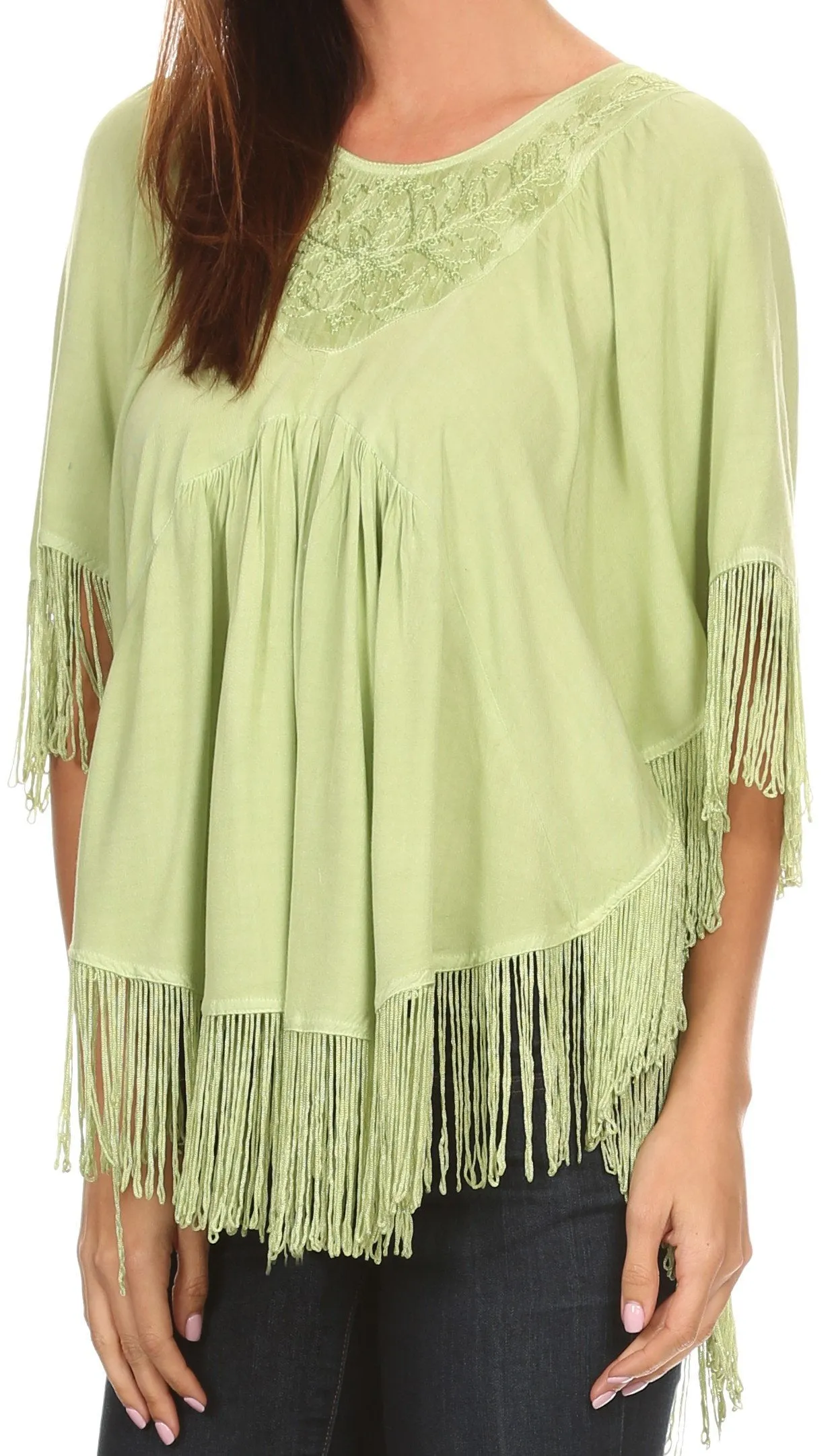 Sakkas Lilly Boho Embroidered Fringe Poncho Top