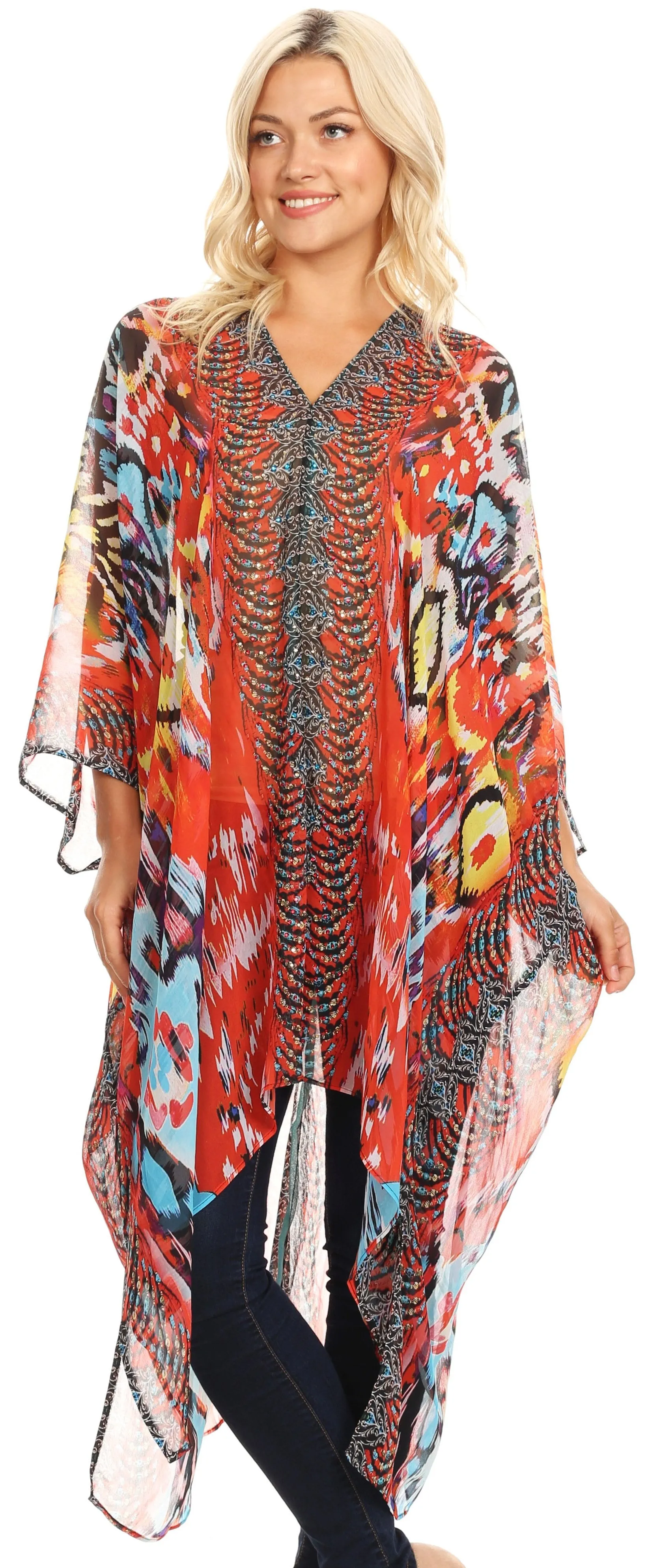 Sakkas Livi  Women's V Neck Beach Dress Cover up Caftan Top Loose with Rhinestone