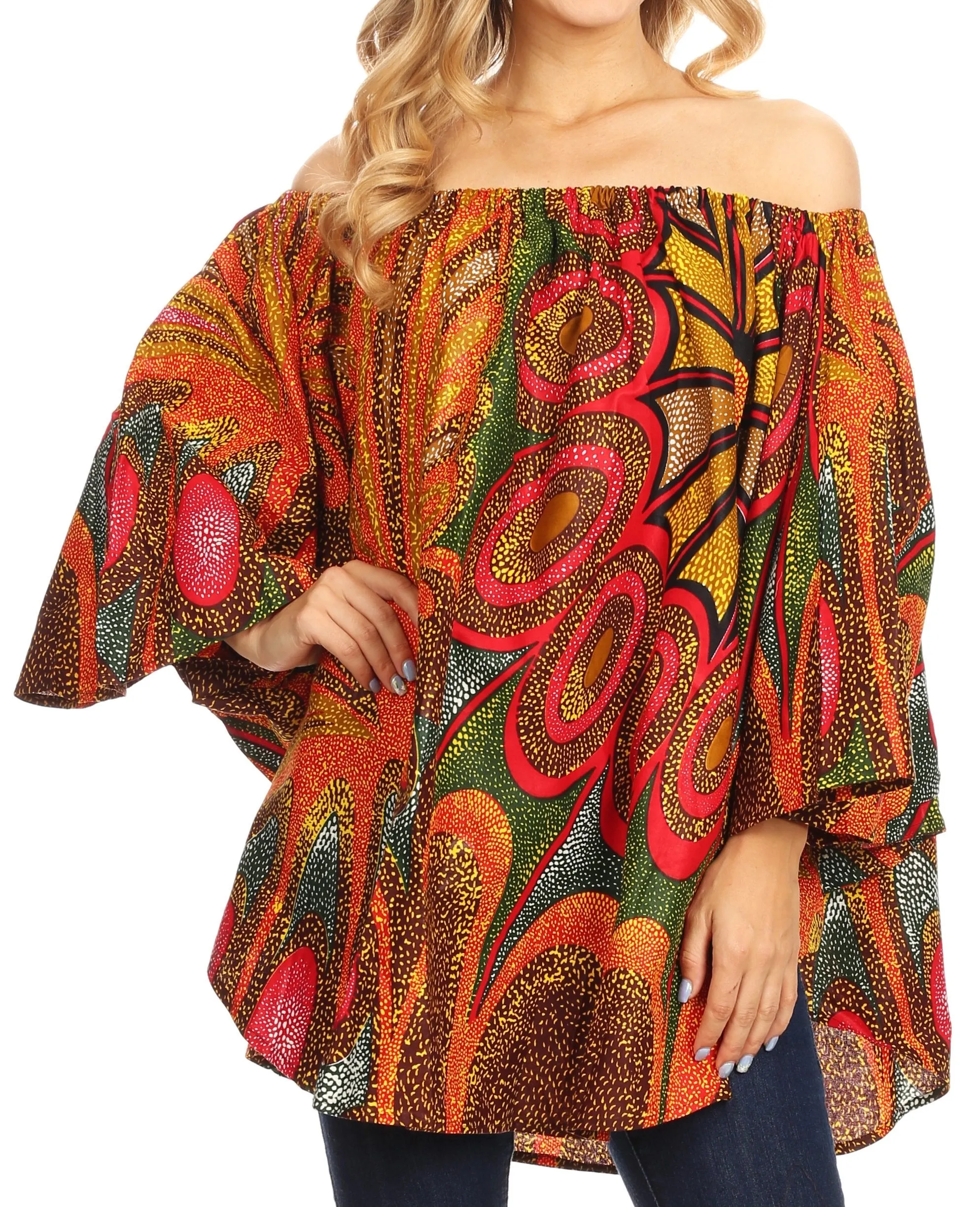 Sakkas Zane Off-shoulder Circle Poncho Top Blouse Relax Fit Elastic Neckline