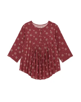 Sam 3/4 Sleeve Pleated Front Blouse | Burgundy / Ivory