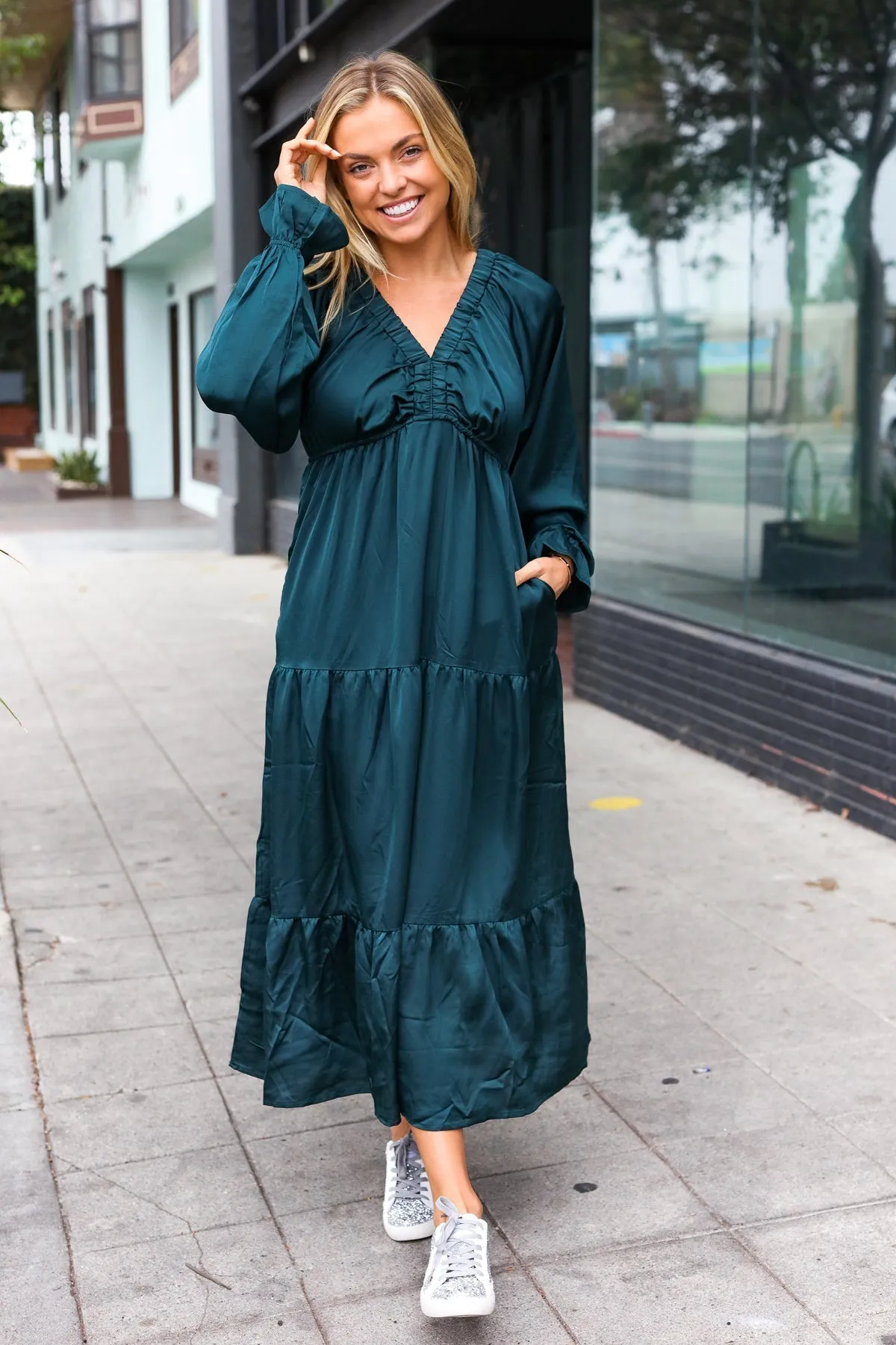 Satin Babydoll Maxi Dress - Hunter Green (Shipping in 1-2 Weeks)