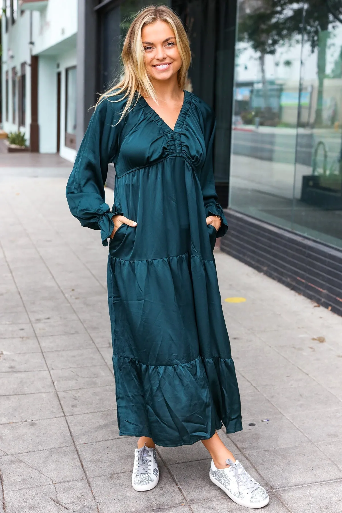 Satin Babydoll Maxi Dress - Hunter Green (Shipping in 1-2 Weeks)