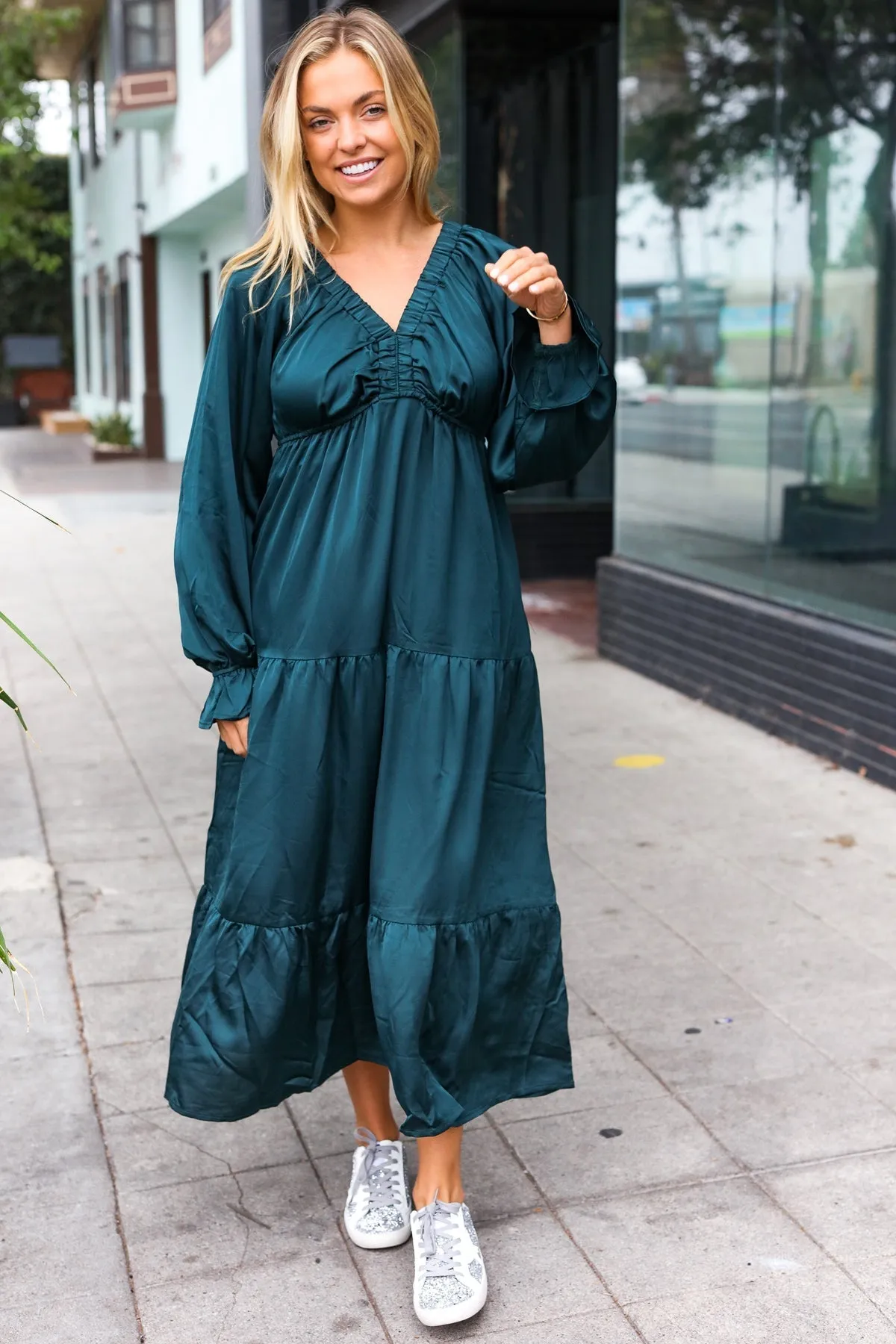 Satin Babydoll Maxi Dress - Hunter Green (Shipping in 1-2 Weeks)