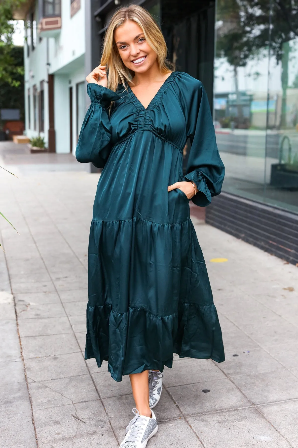 Satin Babydoll Maxi Dress - Hunter Green (Shipping in 1-2 Weeks)