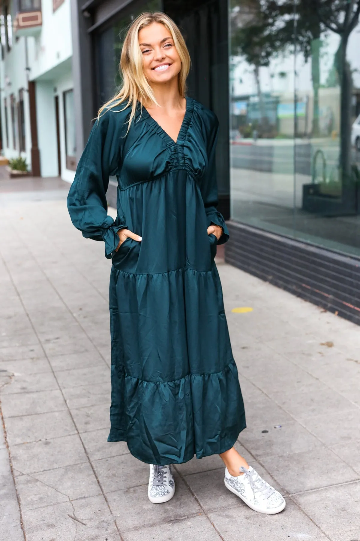 Satin Babydoll Maxi Dress - Hunter Green (Shipping in 1-2 Weeks)