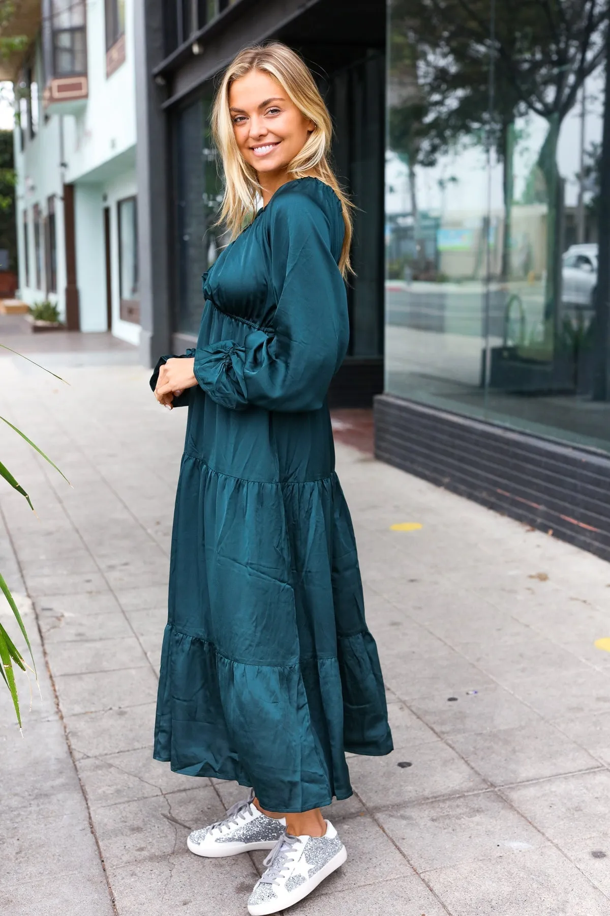 Satin Babydoll Maxi Dress - Hunter Green (Shipping in 1-2 Weeks)