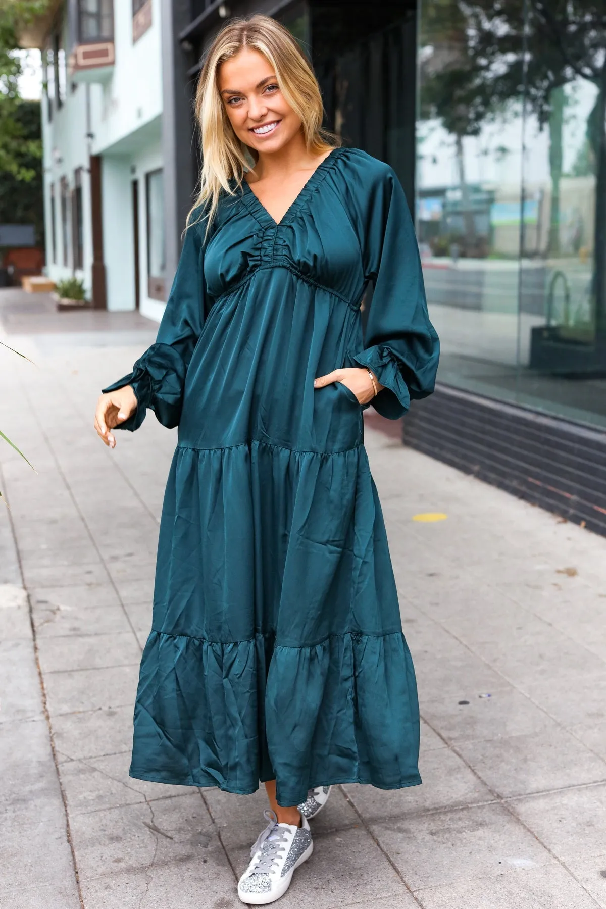 Satin Babydoll Maxi Dress - Hunter Green (Shipping in 1-2 Weeks)