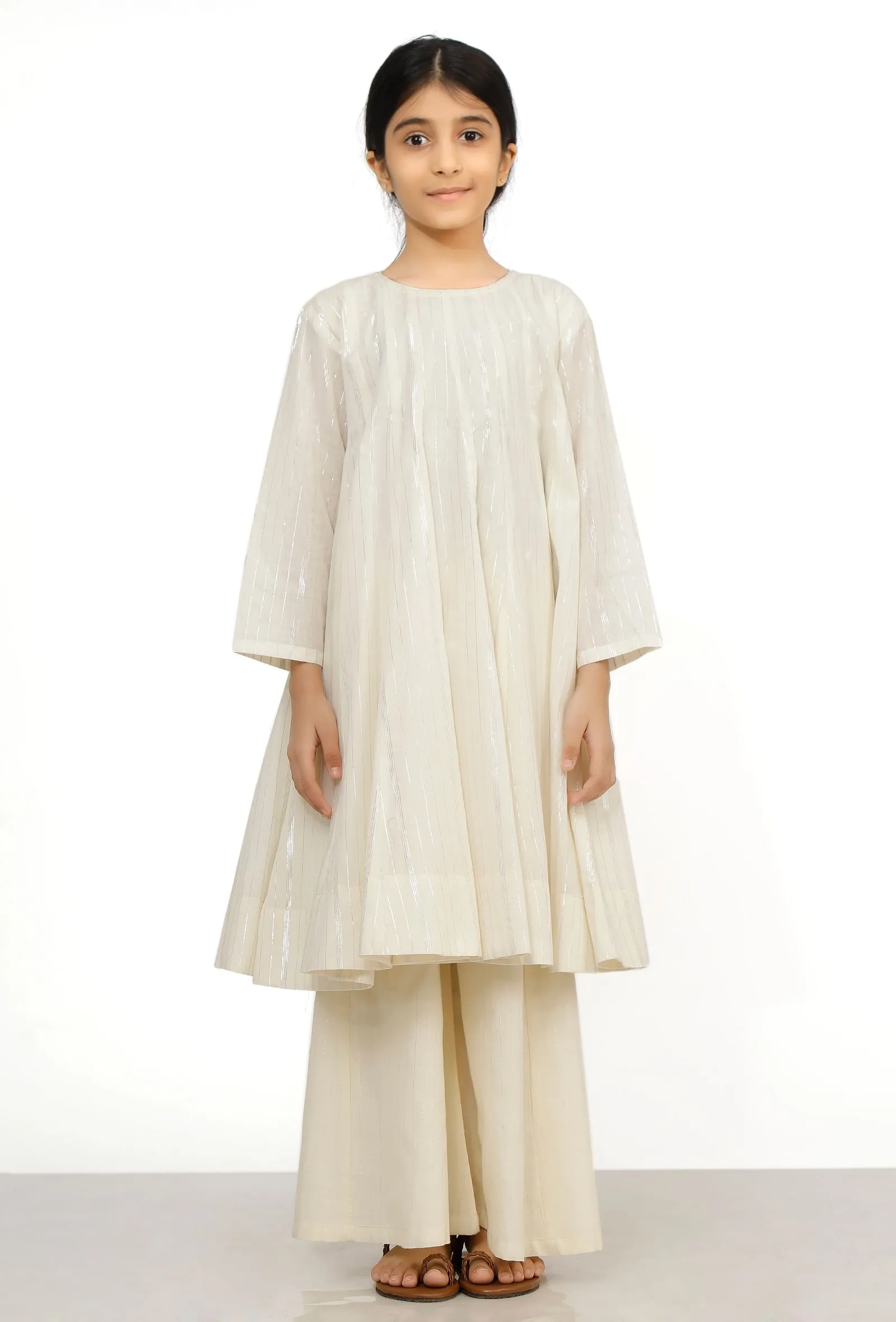 Set of 2: Noor White Cotton Anarkali Kurti with Flared Pants