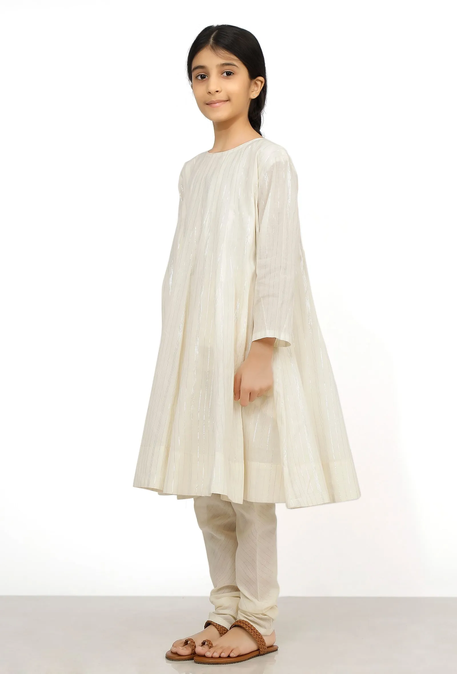 Set of 2: Sand White Cotton Anarkali Kurti with Flared Pants