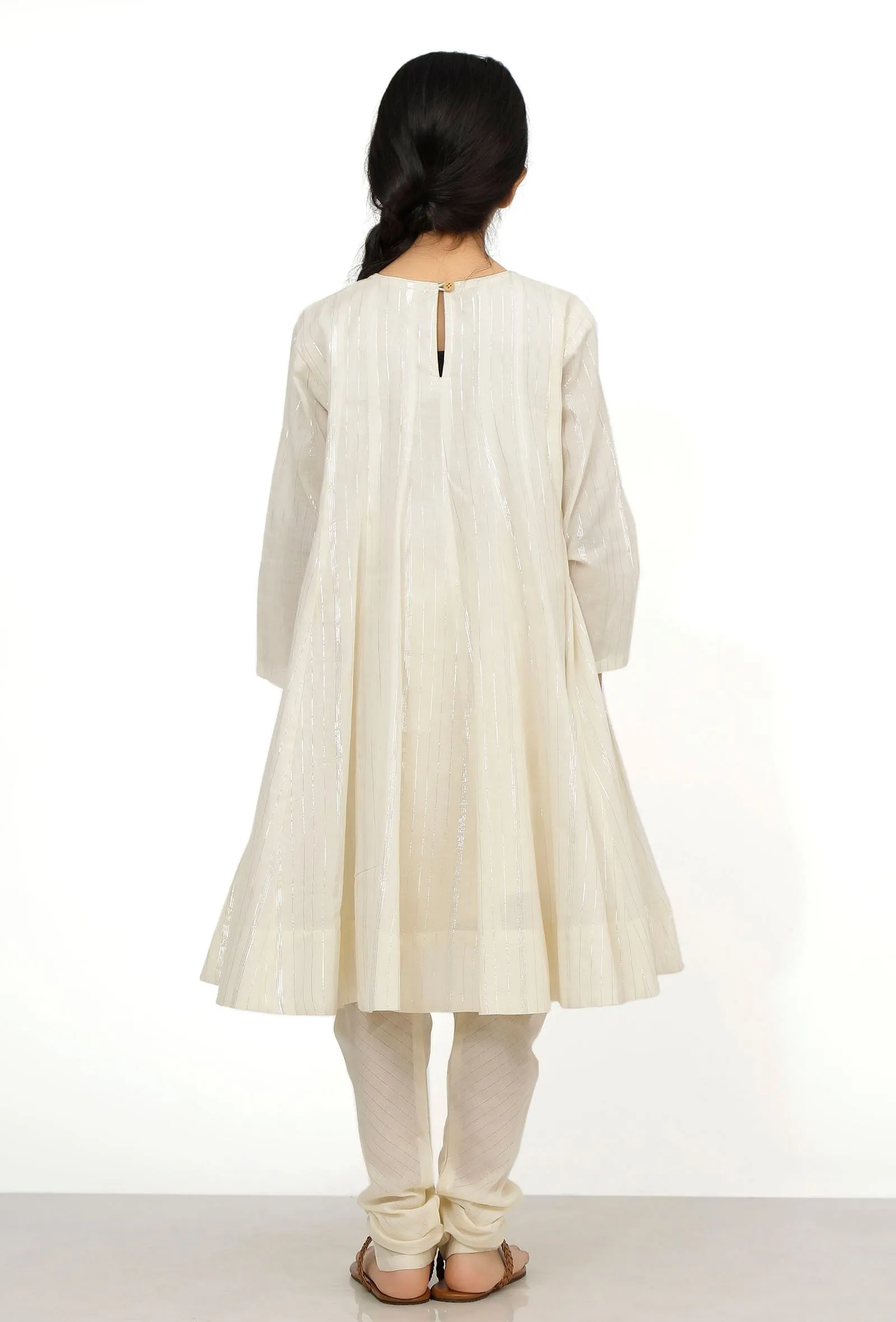 Set of 2: Sand White Cotton Anarkali Kurti with Flared Pants