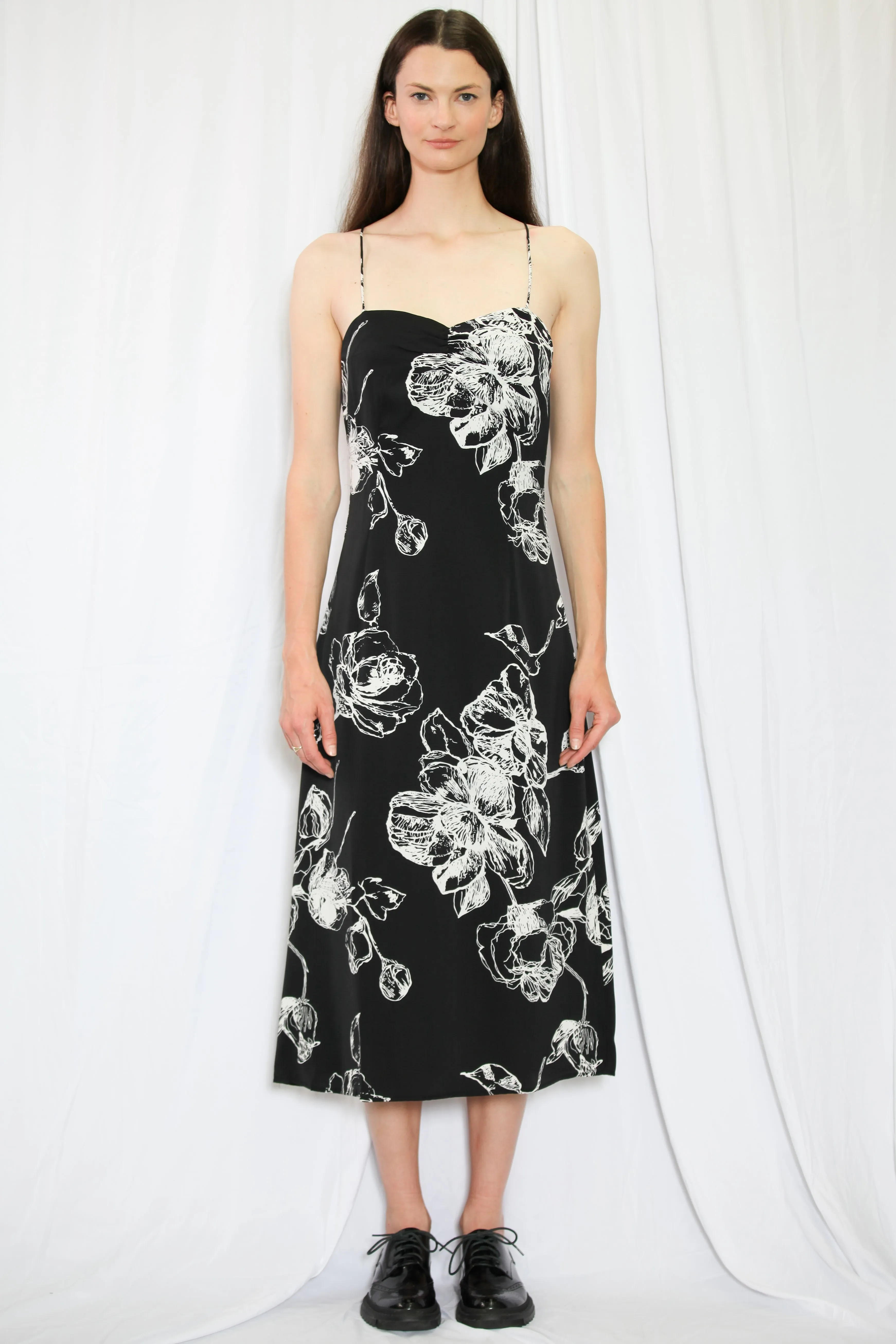 Silk Printed Black and White Floral Slip Dress