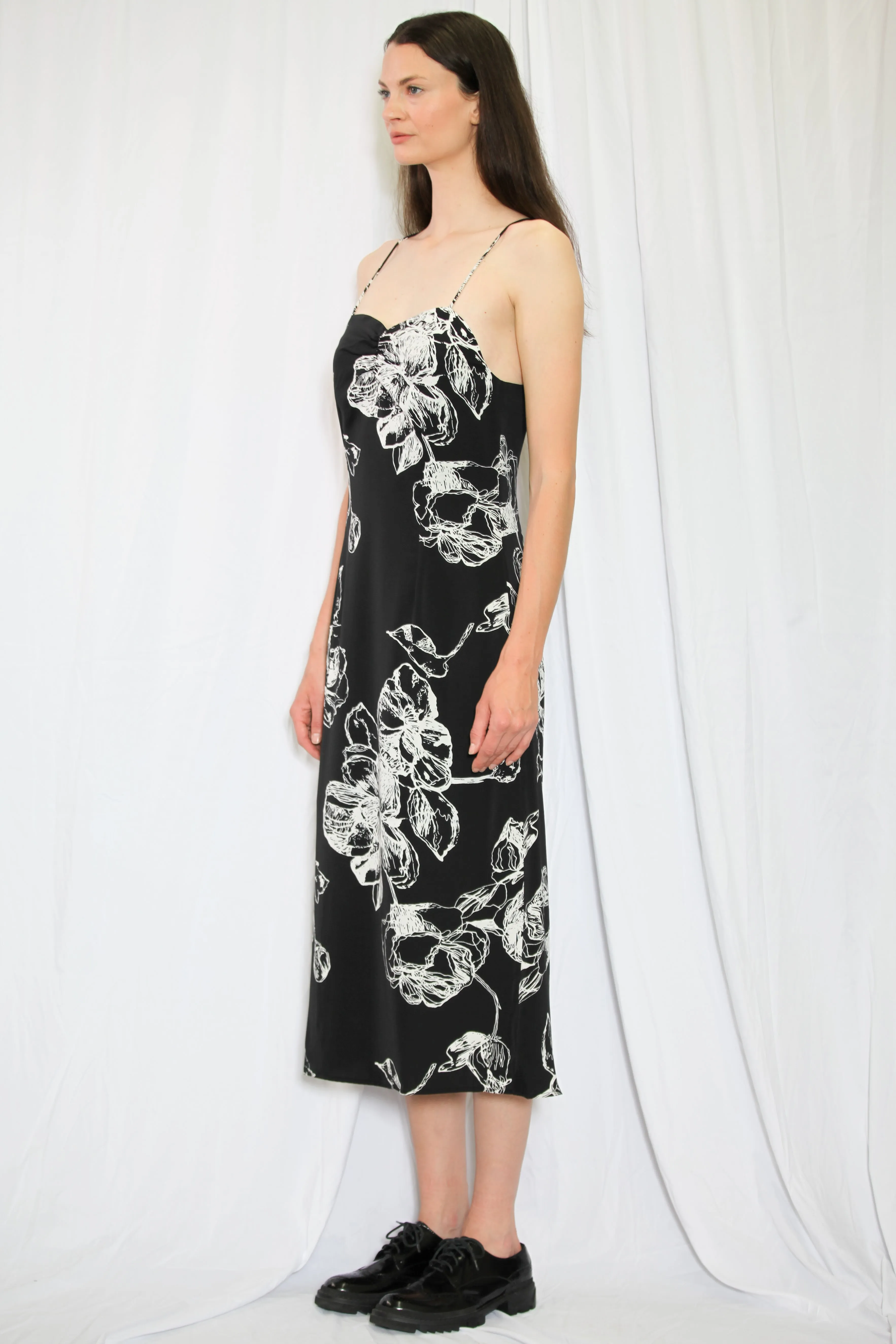 Silk Printed Black and White Floral Slip Dress