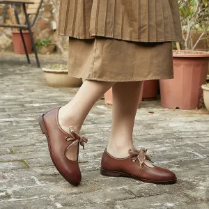 Soft Leather Flat Slip on Mary Jane Shoes With Bow Handmade in Beige/Coffee