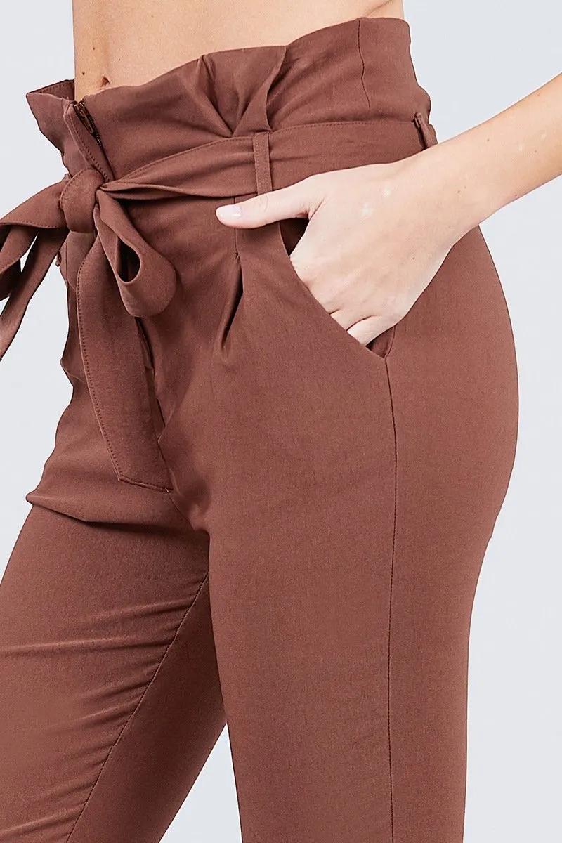 Solid High Waist Belted Stretch Pants in Several Colors