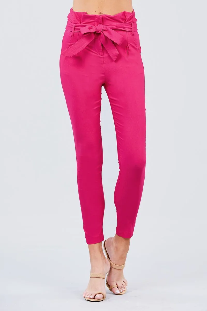 Solid High Waist Belted Stretch Pants in Several Colors