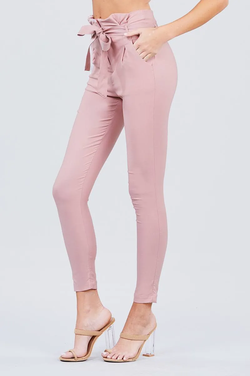 Solid High Waist Belted Stretch Pants in Several Colors