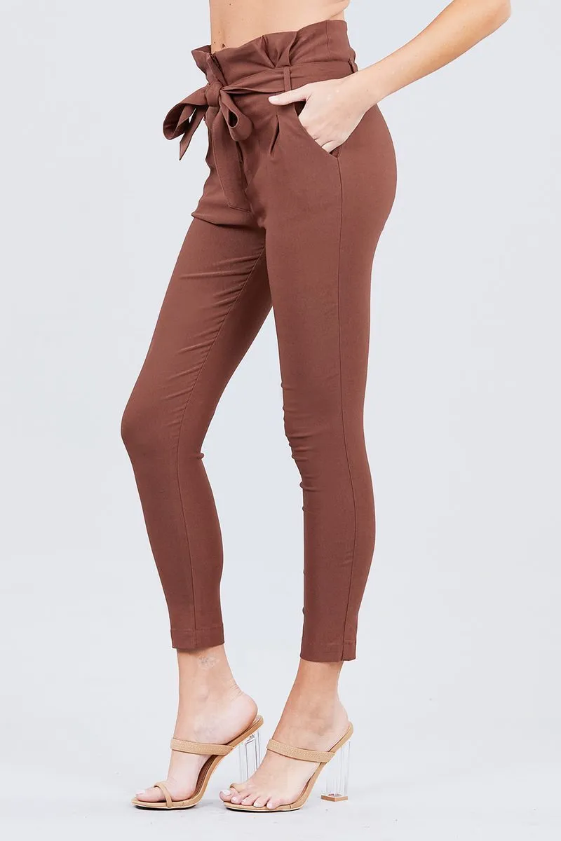 Solid High Waist Belted Stretch Pants in Several Colors