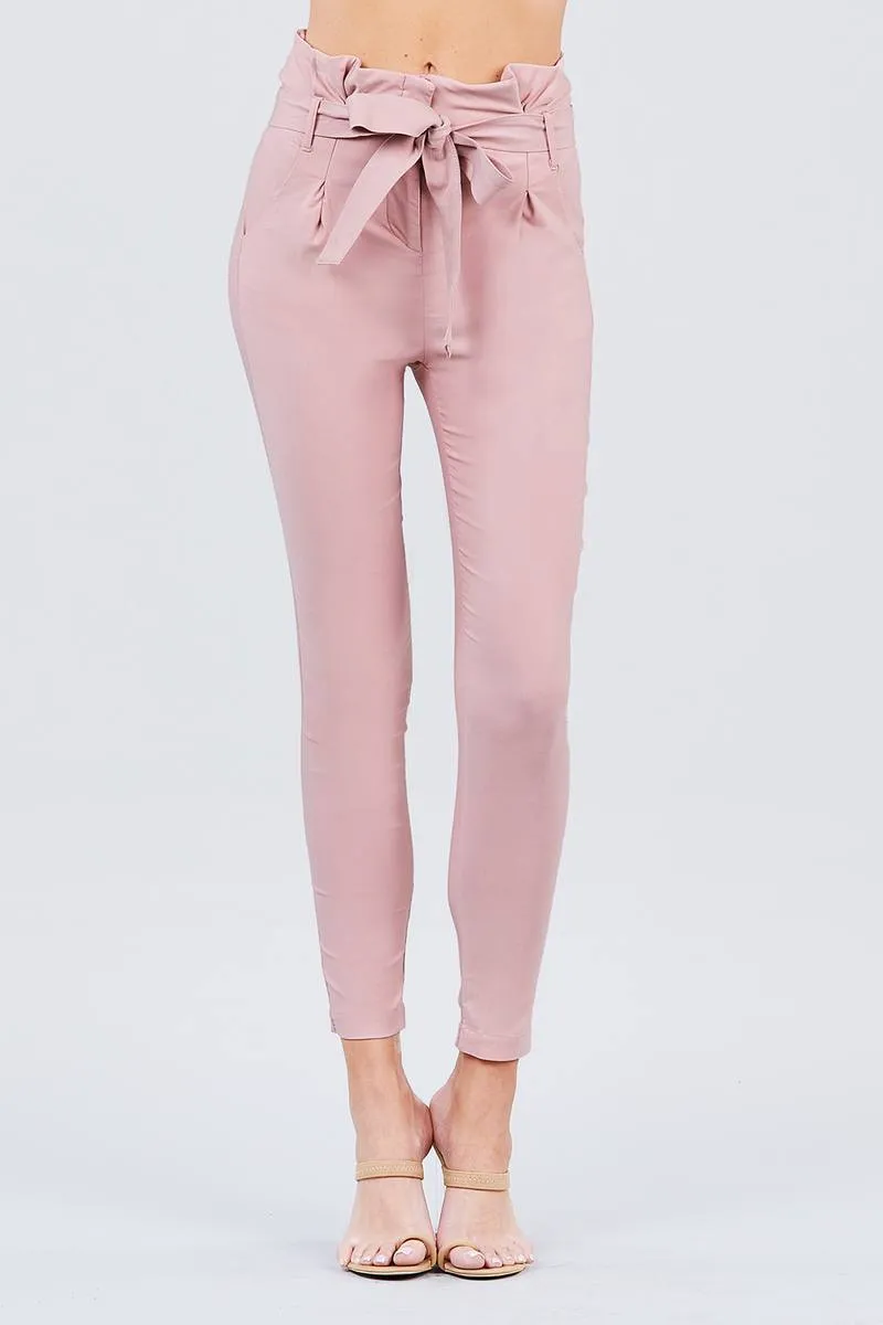 Solid High Waist Belted Stretch Pants in Several Colors