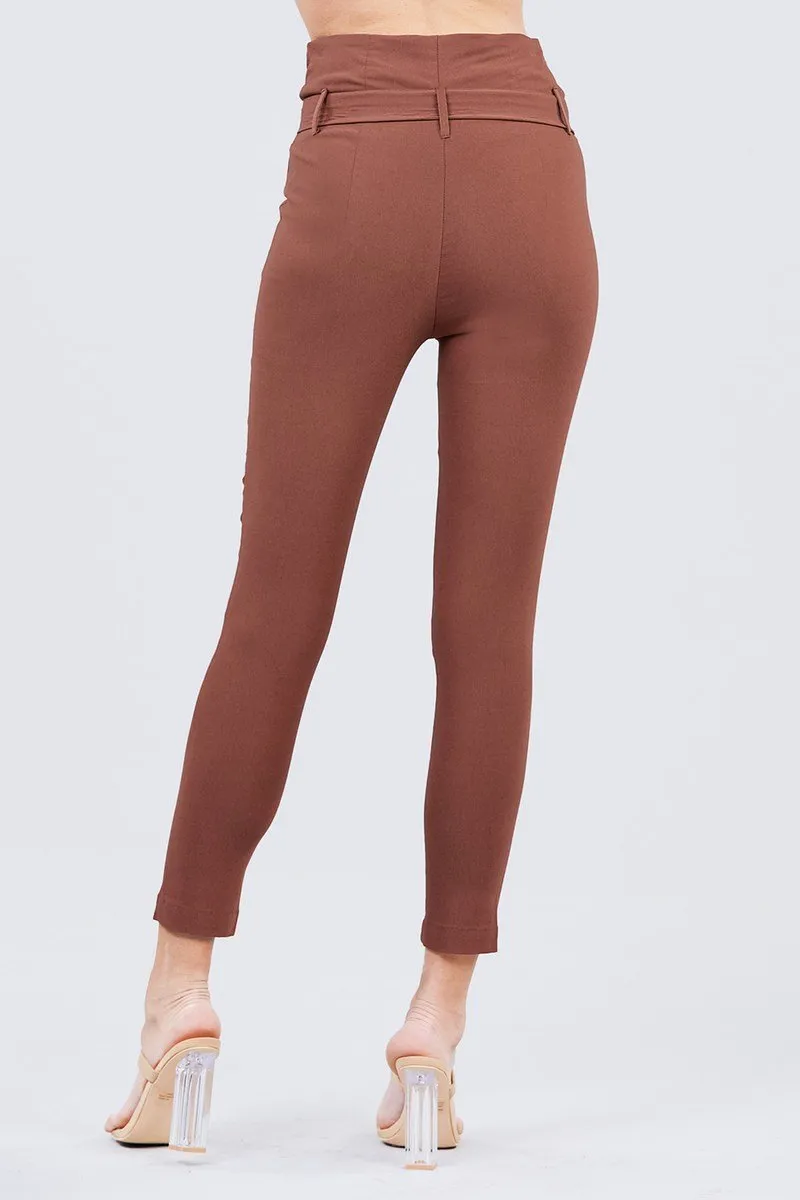 Solid High Waist Belted Stretch Pants in Several Colors