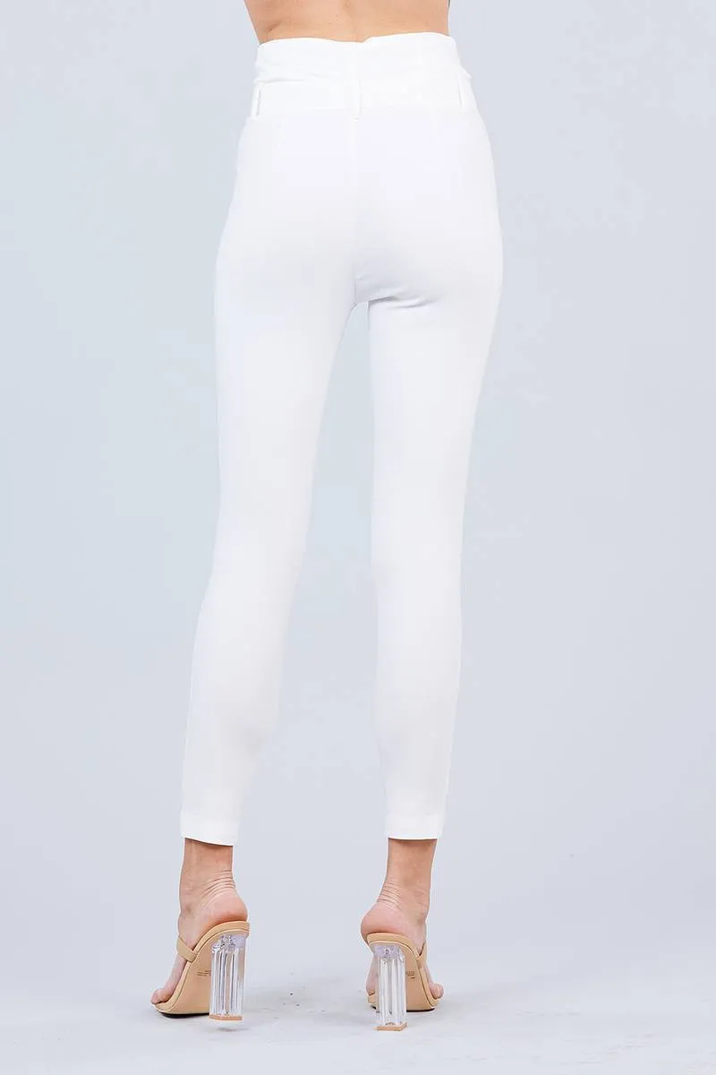 Solid High Waist Belted Stretch Pants in Several Colors