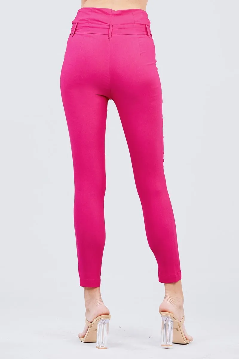 Solid High Waist Belted Stretch Pants in Several Colors