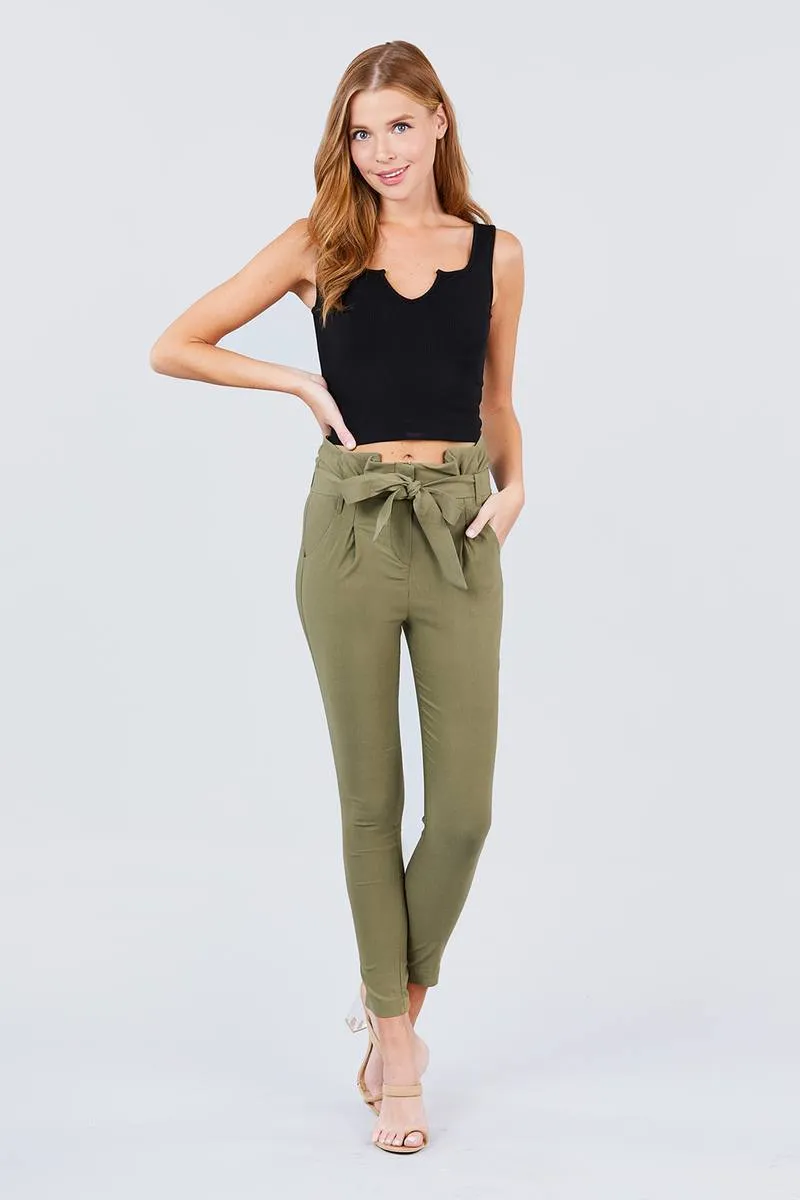 Solid High Waist Belted Stretch Pants in Several Colors