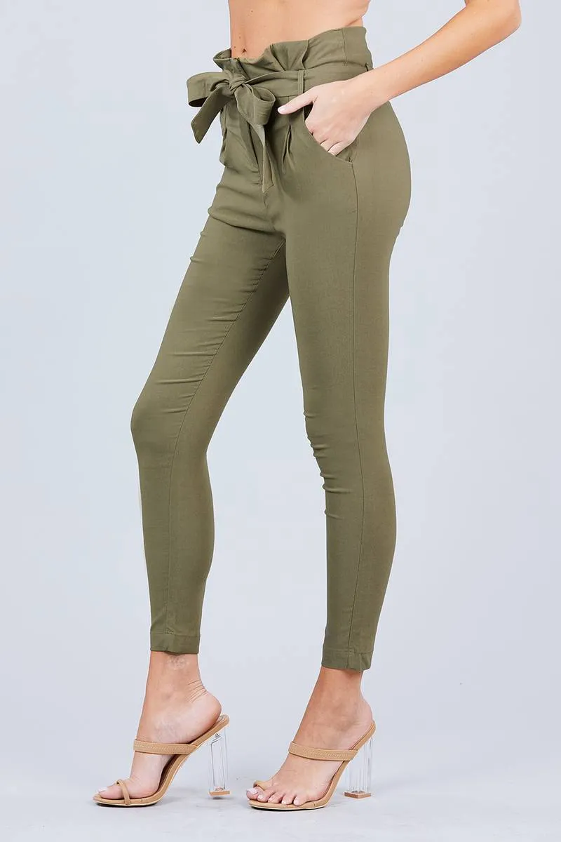 Solid High Waist Belted Stretch Pants in Several Colors