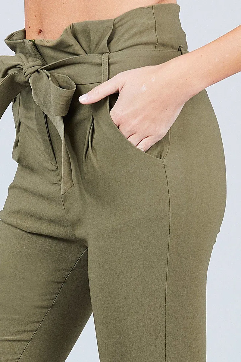 Solid High Waist Belted Stretch Pants in Several Colors