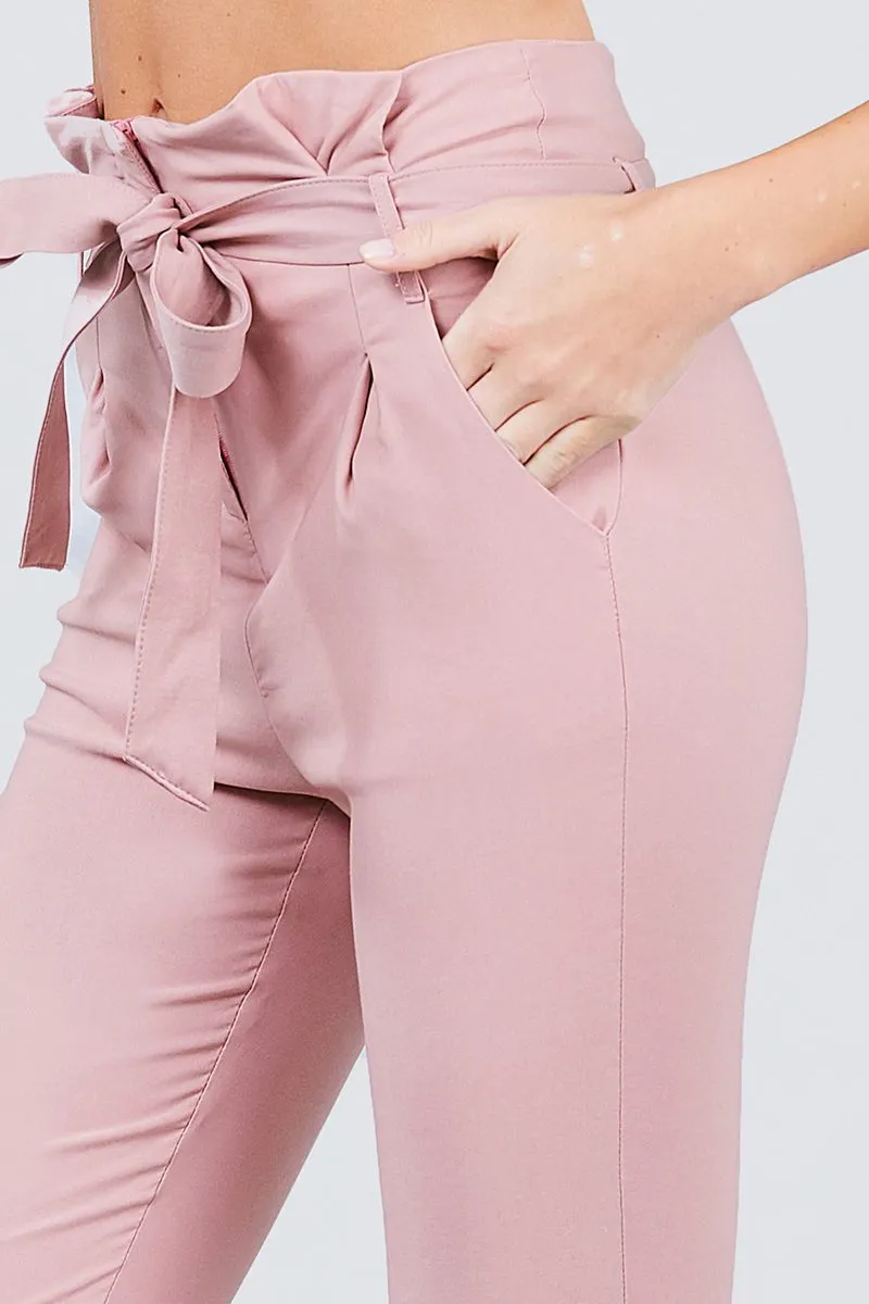 Solid High Waist Belted Stretch Pants in Several Colors