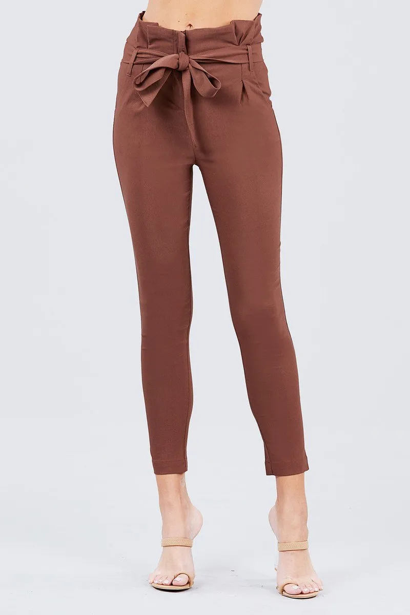 Solid High Waist Belted Stretch Pants in Several Colors