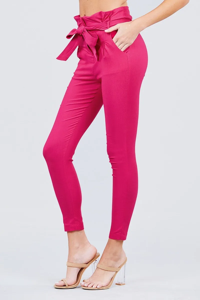 Solid High Waist Belted Stretch Pants in Several Colors