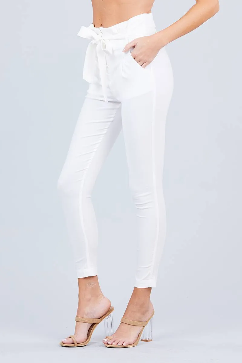 Solid High Waist Belted Stretch Pants in Several Colors